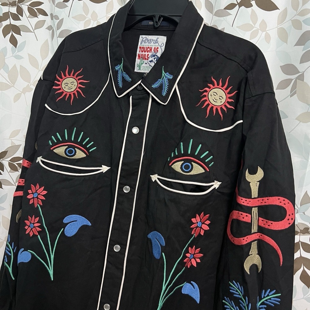 Roark Men's Tough As Nails Sz M Western Shirt Black Embroidered Pearl Snap RW555